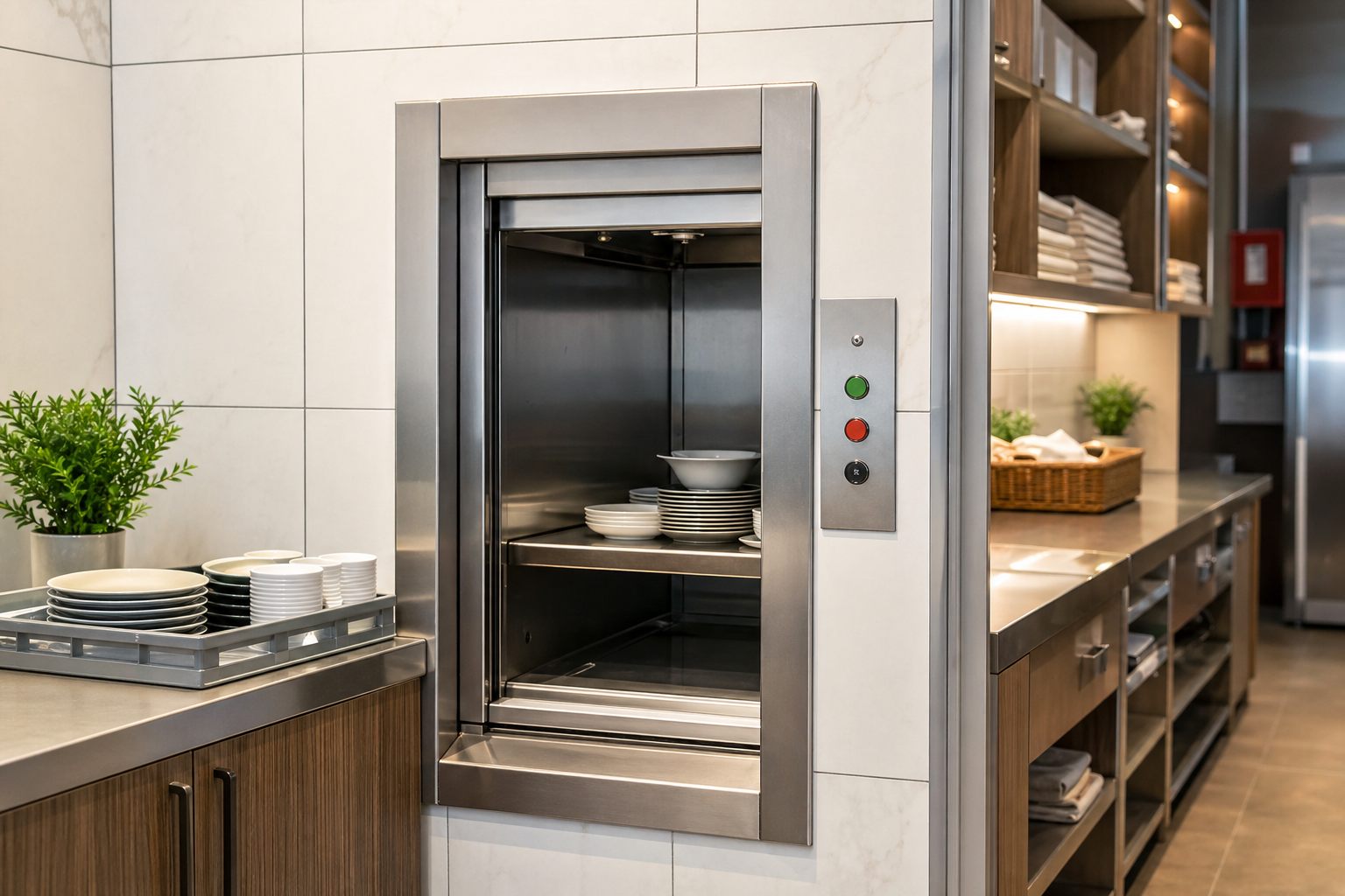 Restaurant service area for dumpwaiter lift